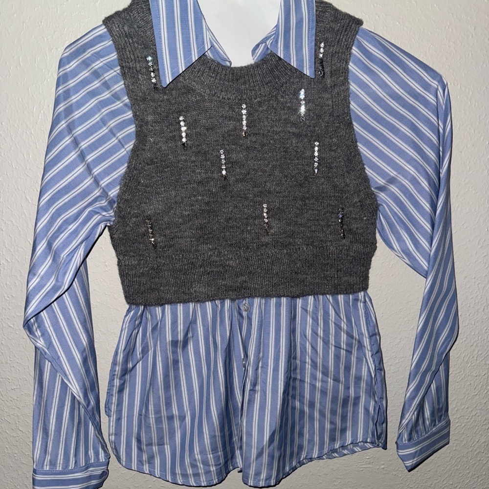 NWOT Maeve Anthropologie Blue Striped Shirt with Gray Sequin Vest